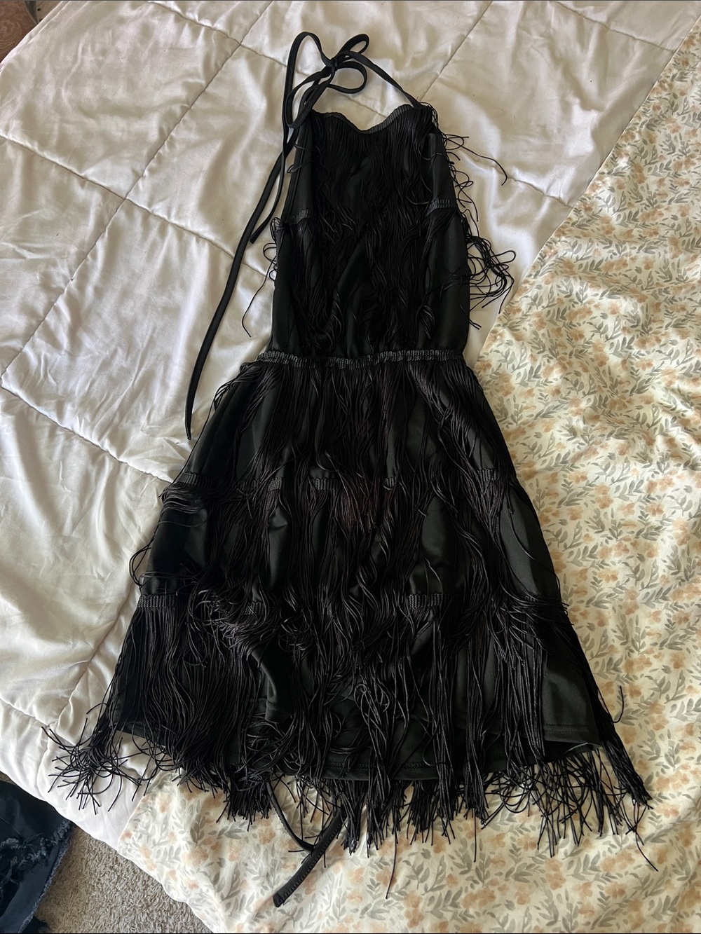 Black Fringe Halter Cocktail Dress